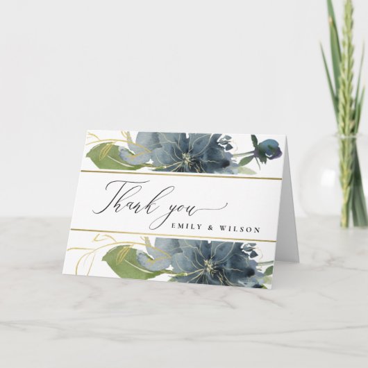 DUSKY BLAUE GOLD GREEN FLORAL WATERCOLOR WEDD DANKESKARTE (Vorderseite)