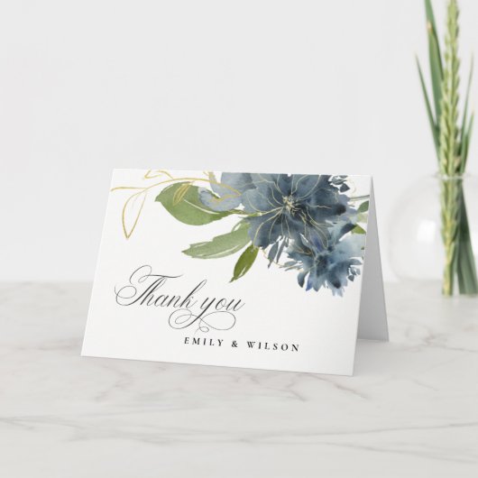 DUSKY BLAUE GOLD GREEN FLORAL WATERCOLOR WEDD DANKESKARTE (Vorderseite)
