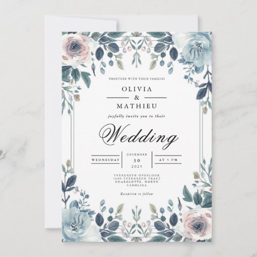 Dusky Blue Botanical Floral Wedding Einladung (Vorderseite)
