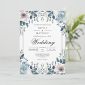 Dusky Blue Botanical Floral Wedding Einladung (Stehend Vorderseite)