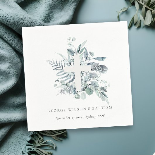 Dusky Blue Eucalyptus Fern Foliage Cross Baptisse Serviette
