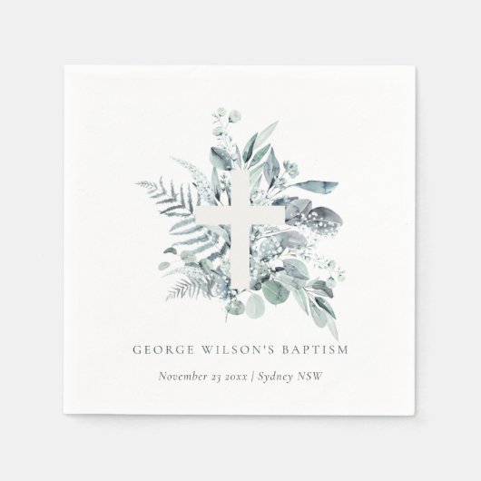 Dusky Blue Eucalyptus Fern Foliage Cross Baptisse Serviette (Vorderseite)