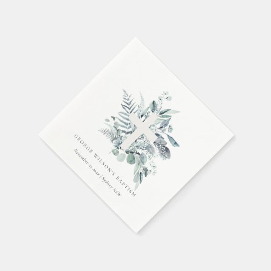 Dusky Blue Eucalyptus Fern Foliage Cross Baptisse Serviette (Ecke)