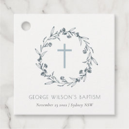 Dusky Blue Floral Laurel Wreath Monogram Taufe Geschenkanhänger