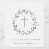 Dusky Blue Floral Laurel Wreath Monogram Taufe Weinetikett (Einzelnes Label)