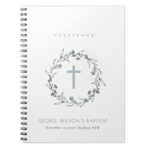 Dusky Blue Floral Laurel Wreath Monogramm Taufe G Notizblock