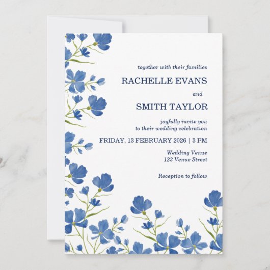Dusky Blue Flower Wedding Invite Einladung (Vorderseite)