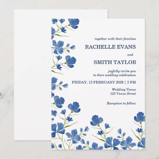 Dusky Blue Flower Wedding Invite Einladung (Vorne/Hinten)