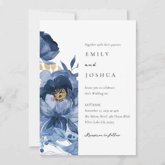Dusky Blue Gold Floral All in one Wedding Einladung (Vorderseite)