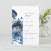 Dusky Blue Gold Floral All in one Wedding Einladung (Stehend Vorderseite)