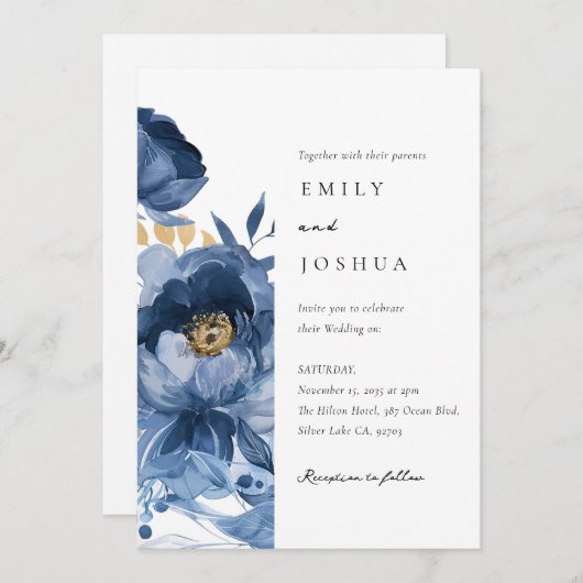 Dusky Blue Gold Floral All in one Wedding Einladung