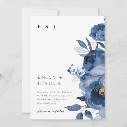 Dusky Blue Gold Floral All in one Wedding Einladung (Vorderseite)