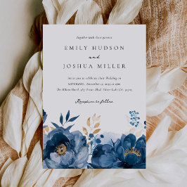 Dusky Blue Gold Floral All in one Wedding Einladung