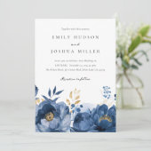 Dusky Blue Gold Floral All in one Wedding Einladung (Stehend Vorderseite)