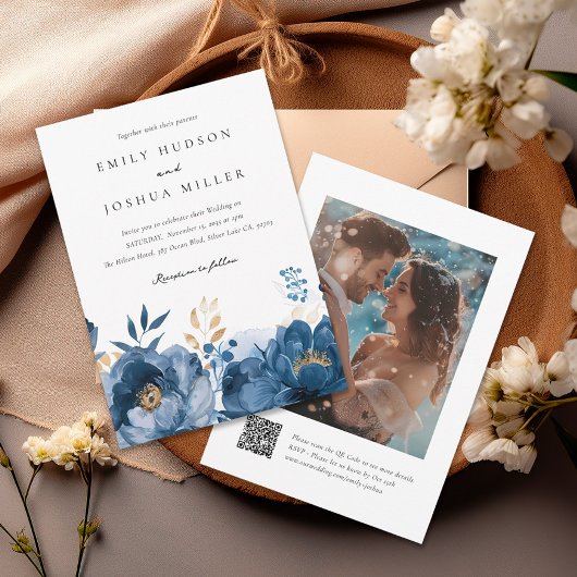 Dusky Blue Gold Floral QR Foto Wedding Einladung