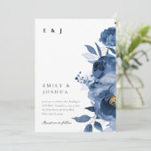 Dusky Blue Gold Floral Wedding Einladung (Stehend Vorderseite)