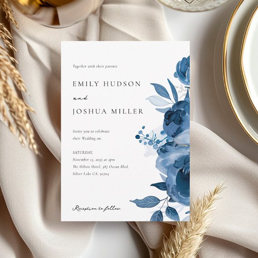 Dusky Blue Gold Floral Wedding Einladung