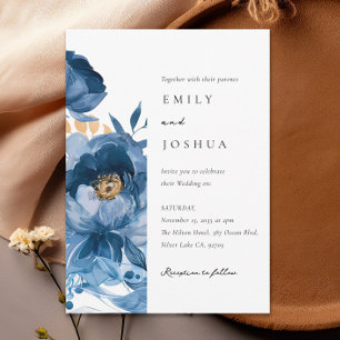 Dusky Blue Gold Floral Wedding Einladung