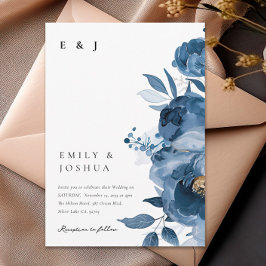 Dusky Blue Gold Floral Wedding Einladung