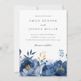 Dusky Blue Gold Floral Wedding Einladung
