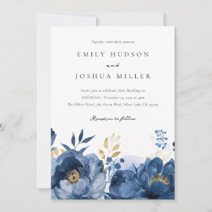 Dusky Blue Gold Floral Wedding Einladung