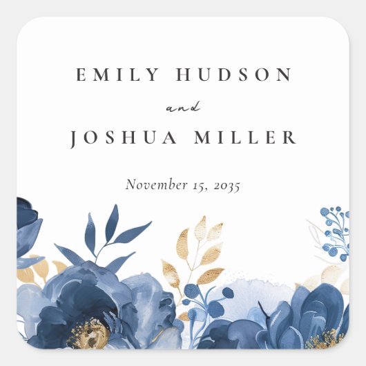 Dusky Blue Gold Floral Wedding Quadratischer Aufkleber (Vorderseite)