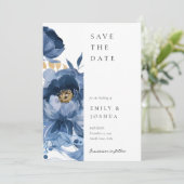 Dusky Blue Gold Floral Wedding Save The Date (Stehend Vorderseite)