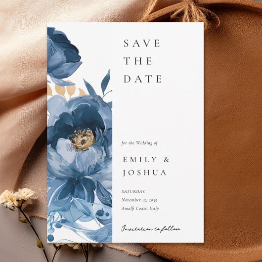 Dusky Blue Gold Floral Wedding Save The Date
