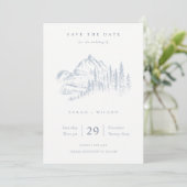 Dusky Blue Gray Kraft Rustikale Pine Mountain Sket Save The Date (Stehend Vorderseite)