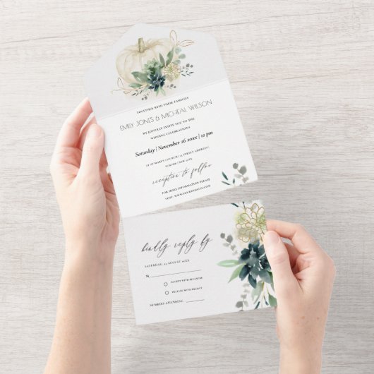 Dusky Blue Green Gold Succulent Pumpkin Wedding All In One Einladung (Abreißen)