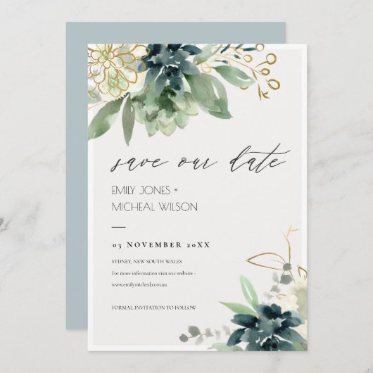Dusky Blue Green Succulent Save the Date einladen Dankeskarte (Vorne/Hinten)