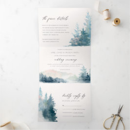 DUSKY BLUE PINK BERGE PINE WATERCOLOR WEDD DREIFACH GEFALTETE EINLADUNG