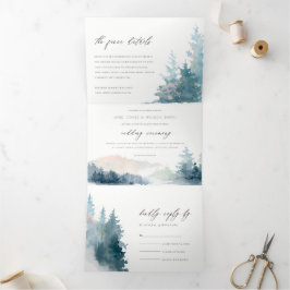 DUSKY BLUE PINK BERGE PINE WATERCOLOR WEDD DREIFACH GEFALTETE EINLADUNG
