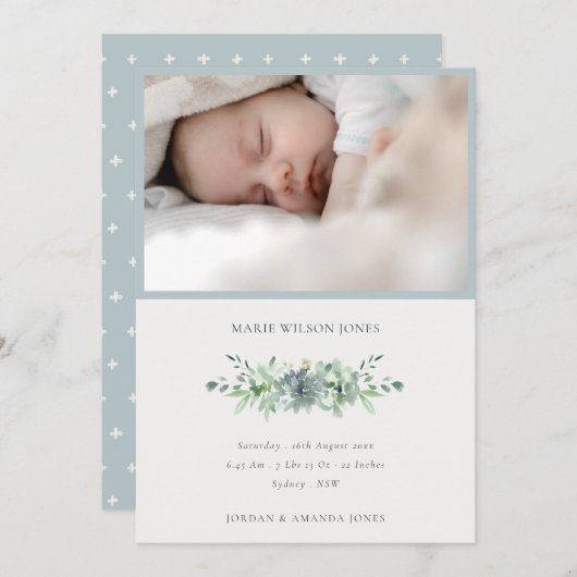 Dusky Blue Succulent Foto Baby Birth Ankündigung (Vorne/Hinten)