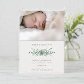 Dusky Blue Succulent Foto Baby Birth Ankündigung (Stehend Vorderseite)