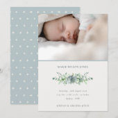 Dusky Blue Succulent Foto Baby Birth Ankündigung (Vorne/Hinten)