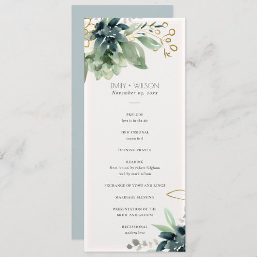 Dusky Blue Succulent Wedding Zeremony Program Menükarte (Vorne/Hinten)