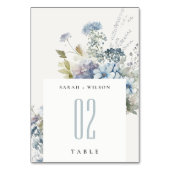 Dusky Blue Watercolor Hütte Blumenzwiebeln Tischnummer (Rückseite)