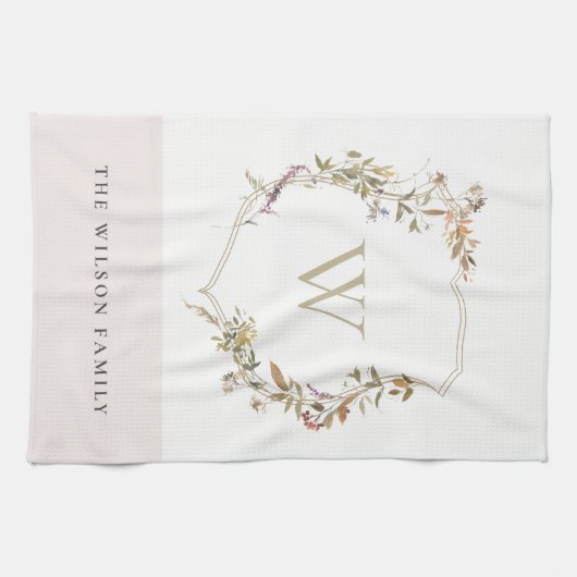 Dusky Blush Pink Wildblume Wappen Monogram Geschirrtuch (Horizontal)