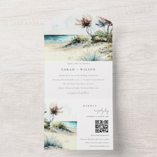 Dusky Coastal Palm Beach Seascape Hochzeitsstichta All In One Einladung (Innen Boden)