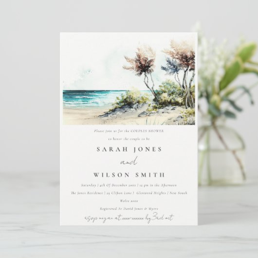 Dusky Coastal Palm Beach Seascape Paare Dusche Einladung (Stehend Vorderseite)