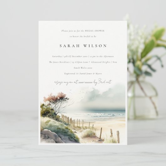Dusky Coastal Sand Beach Seascape Brautparty Einladung (Stehend Vorderseite)