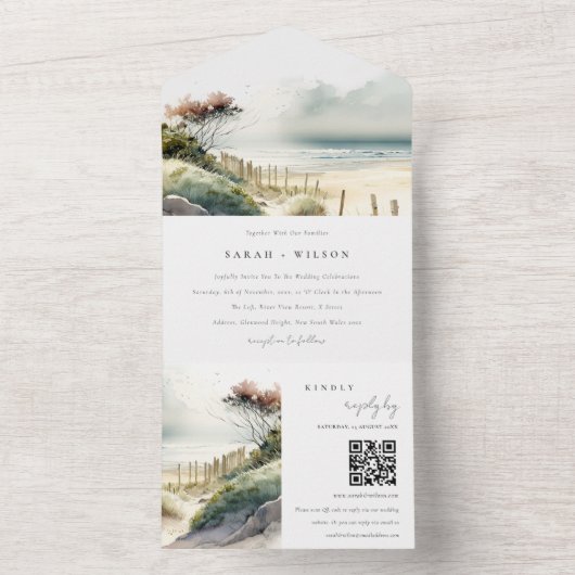 Dusky Coastal Sand Beach Seascape Hochzeit QR Code All In One Einladung (Innen Boden)