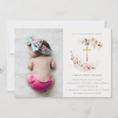 Dusky Fall Marsala Bloral Cross Foto Taufe Einladung (Vorderseite)