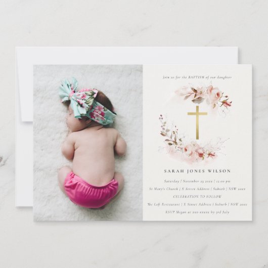 Dusky Fall Marsala Bloral Cross Foto Taufe Einladung (Vorderseite)