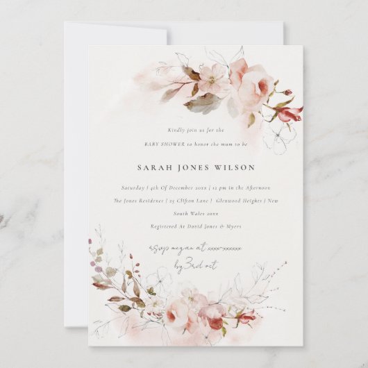Dusky Fall Marsala Blush Bloral Baby Dusche Einladung (Vorderseite)