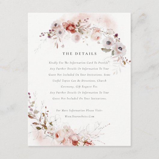 Dusky Fall Marsala Blush Blumenzwiebeldetails Begleitkarte (Vorderseite)