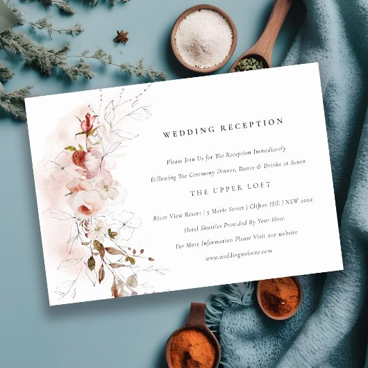 Dusky Fall Marsala Blush Floral Hochzeitsempfang Begleitkarte