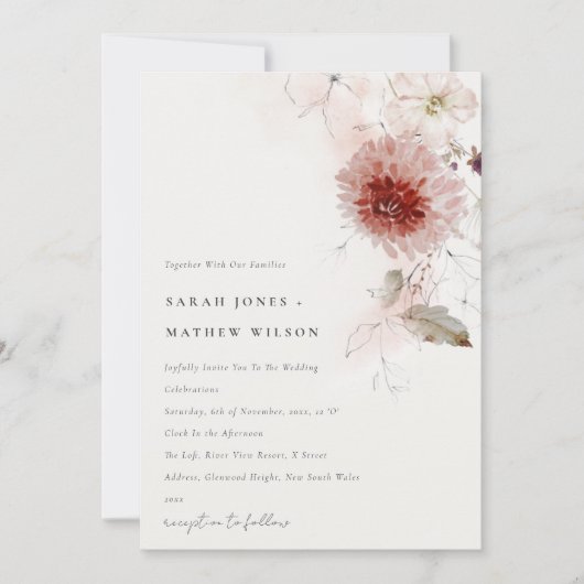 Dusky Fall Marsala Blush Wasserfarbener Hochzeitst Einladung (Vorderseite)