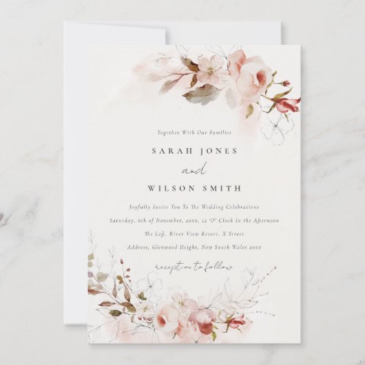 Dusky Fall Marsala Blush Wasserfarbener Hochzeitst Einladung (Vorderseite)